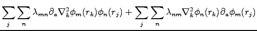 $\displaystyle \sum_{j}\sum_{n} \lambda_{mn} \partial_a \nabla^2_k \phi_m(r_k) \...
... + \sum_{j }\sum_{n} \lambda_{nm} \nabla^2_k \phi_n(r_k) \partial_a \phi_m(r_j)$