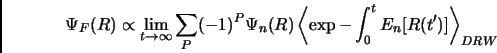 \begin{displaymath}
\Psi_{F}(R) \propto \lim_{t \rightarrow \infty} \sum_P(-1)^P...
...t \langle \exp{ -\int_0^t E_n [ R(t') ]} \right \rangle_{DRW}
\end{displaymath}